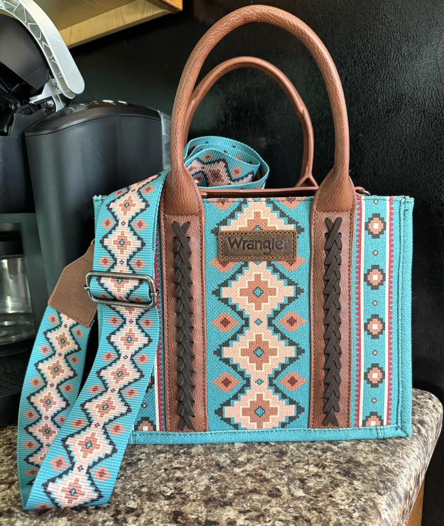 Wrangler Tote Bag Western Purses for Women Shoulder Boho Aztec Handbags,  Angel Diamond Turquoise-Guitar Strap M 
