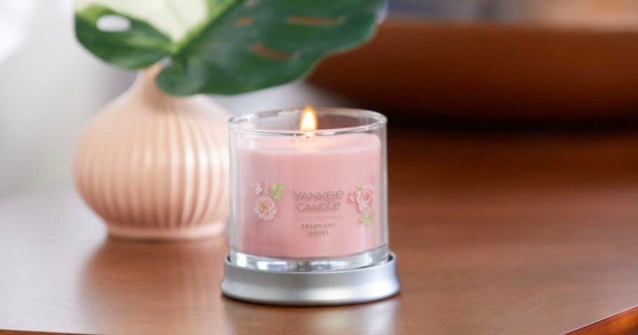 pink small candle on table with plant in background