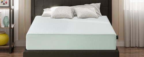 dark gray bedframe with zinus mattress on top