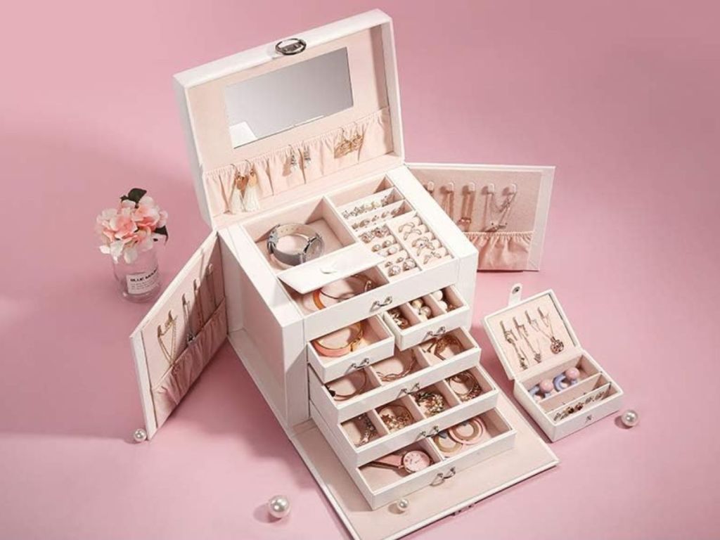 large white Casegrace Jewelry Organizer Box shown open with jewelry