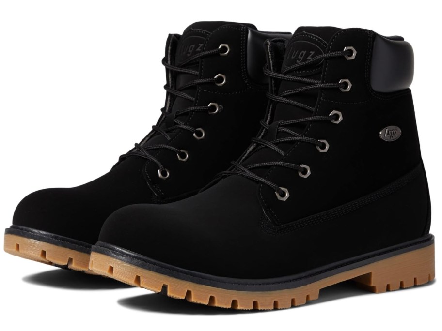 men's black lace up LUGZ boots with tan soles