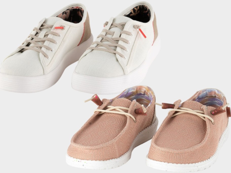 women's off-white canvas and pink slip on HEYDUDE sneakers