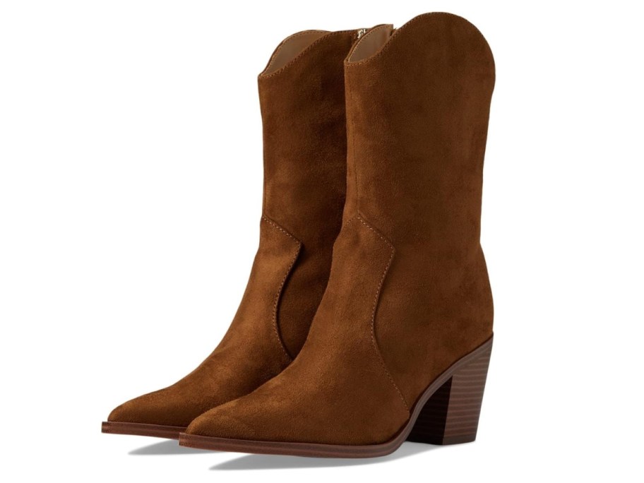 women's suede cowboy style mid calf boots with pointed toes and high heels