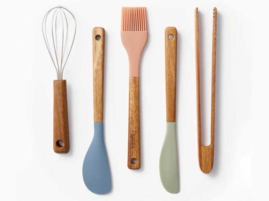 wood and silicone colorful mini kitchen tools whisk, spatulas, brush and tongs