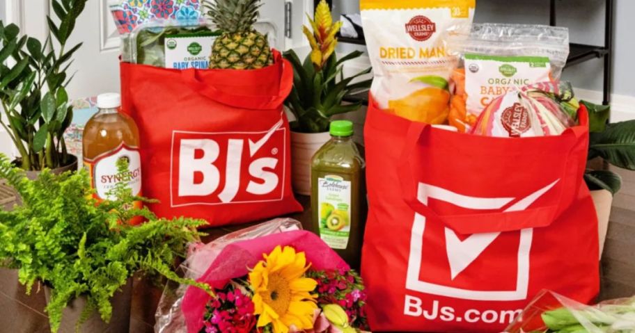 BJ's store bags on counter with food