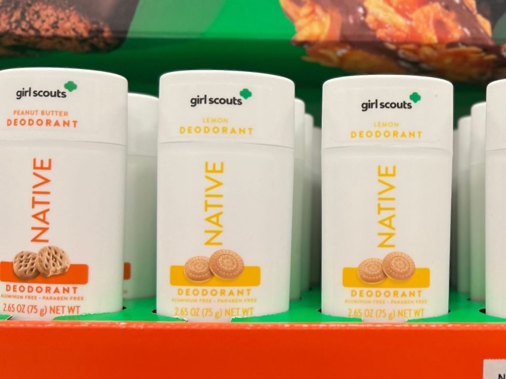 Native Girl Scout Cookie Deodorant Sticks on display shelf at Target