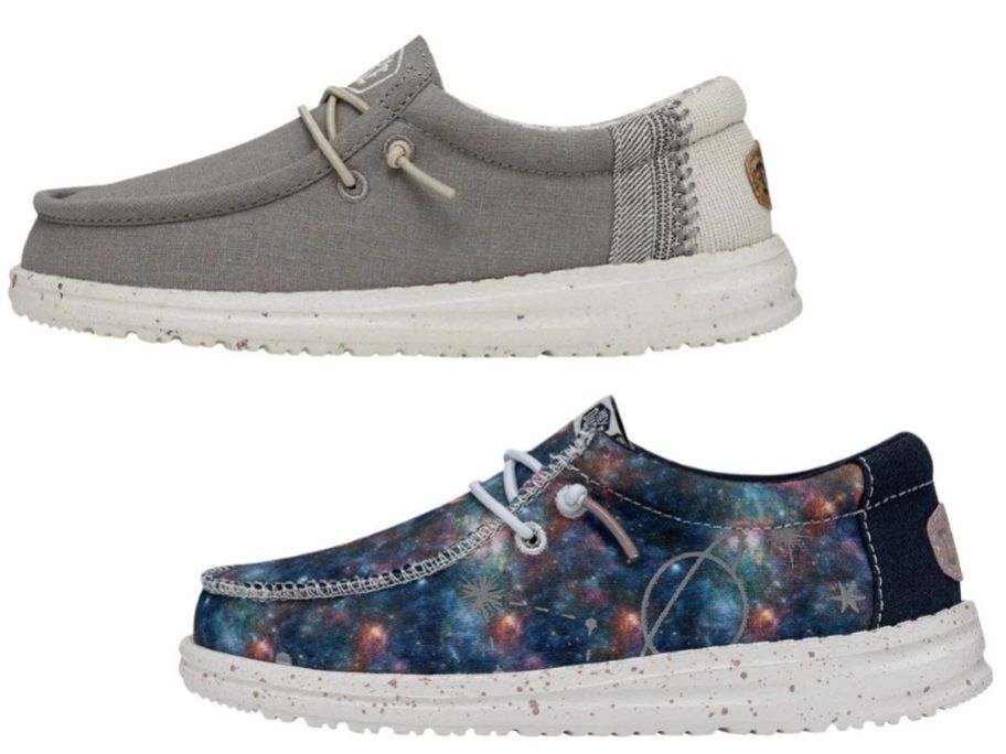 HEYDUDE kid's shoes, 1 in grey with white and 1 in galaxy print
