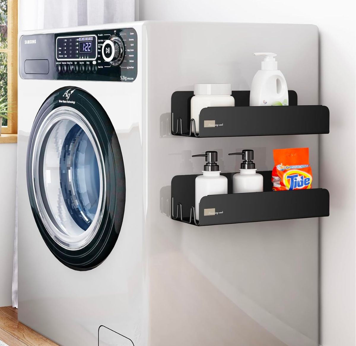 2 large magnetic shelves on the side of a frontload washing machine