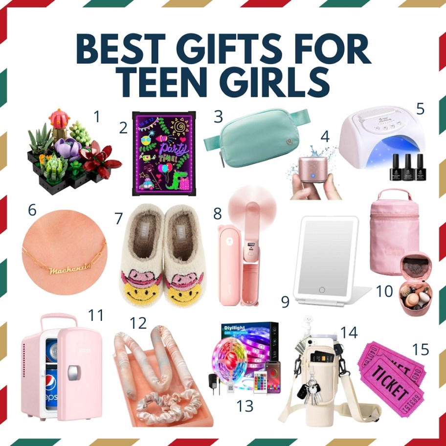 best gifts for teen girls graphic collage with various stock photos of gifts