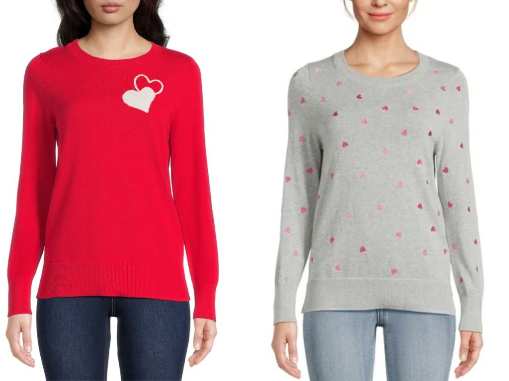 woman wearing a red sweater with small white hearts on the chest and woman wearing a grey sweater with small pink hearts