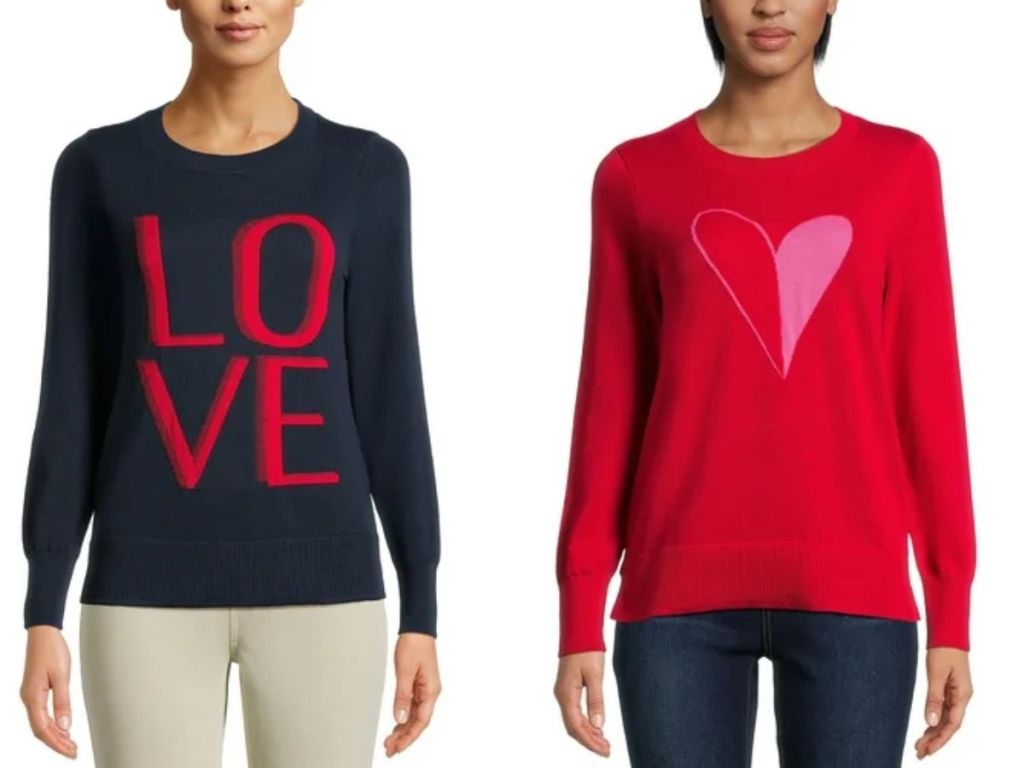 woman wearing a navy sweater that says "Love" and woman wearing a red sweater with a pink heart on it