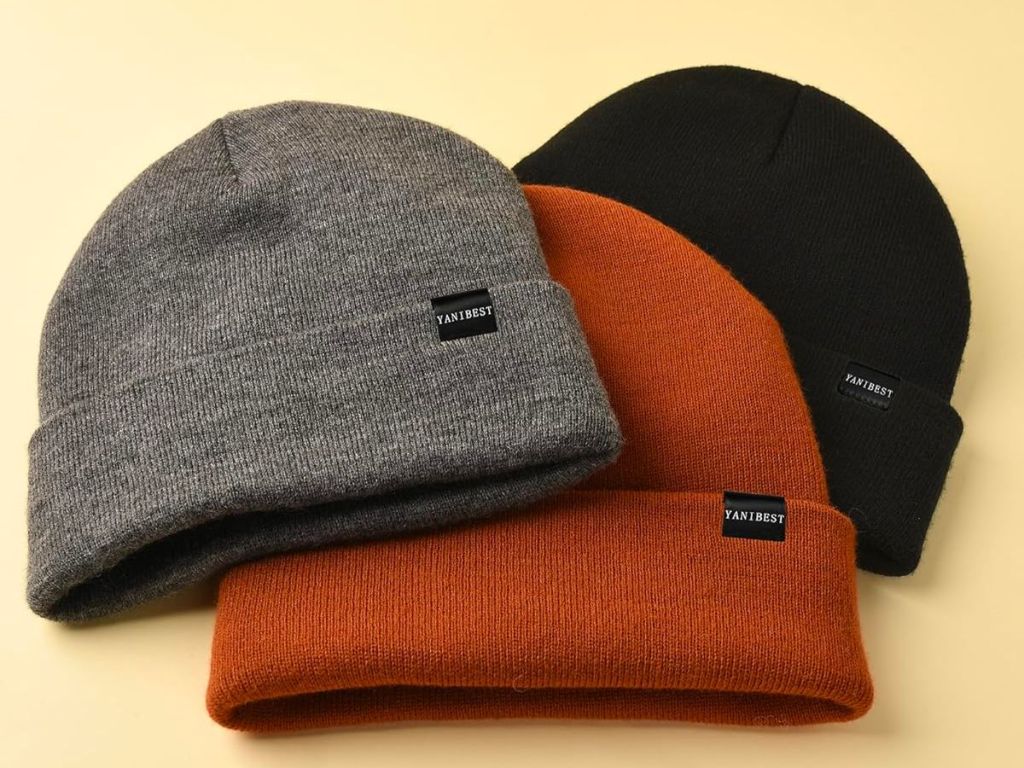 3 pack satin lined beanies in gray, rust and blakc