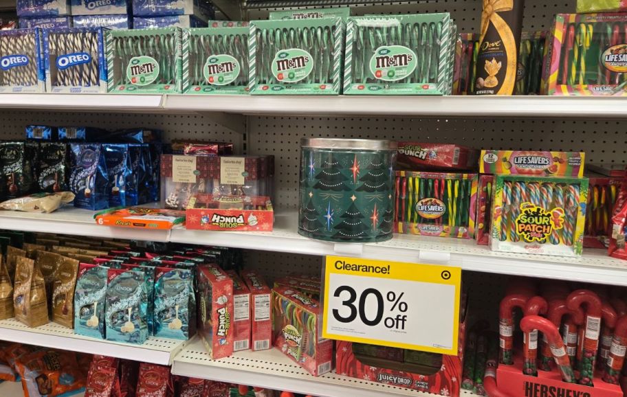 Holiday snacks and candy on a store shelf 