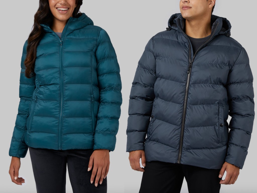 man and woman in puffer jackets