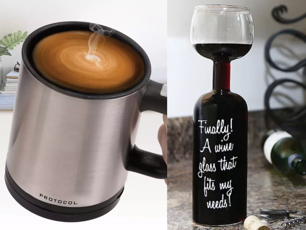 Protocol Self-Stirring Mug and BigMouth Inc. Wine Bottle Glass