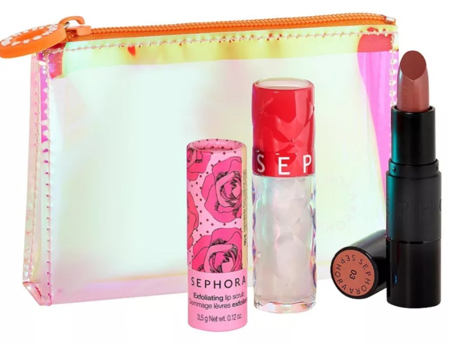 iridescent makeup bag with lipsticks and lip glosses 