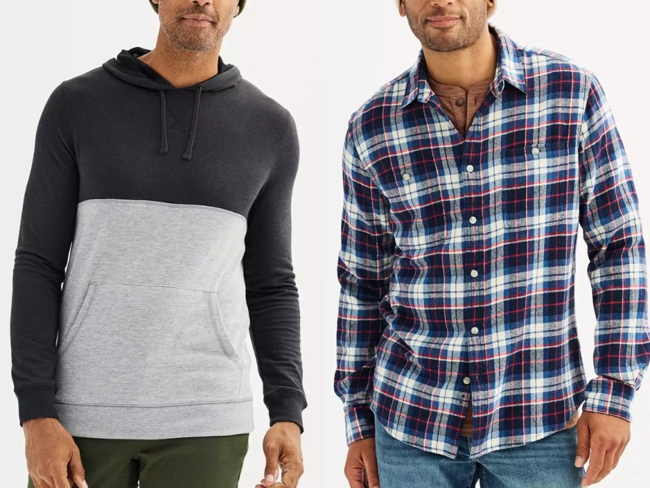 man wearing a 2 tone hoodie and man wearing a blue flannel shirt