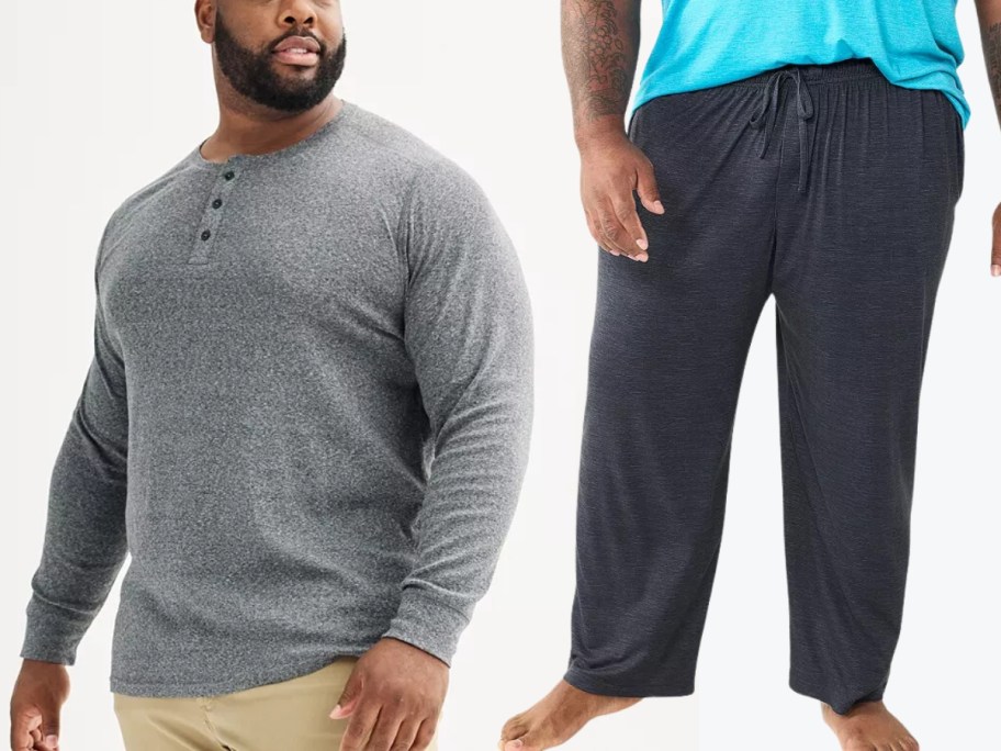 man wearing a grey henley shirt and man wearing black pajama pants