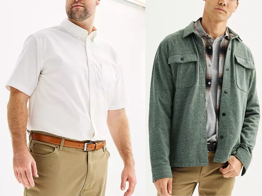 man wearing a white button up shirt with khaki pants and man wearing a button up fleece shirt jacket with a flannel shirt