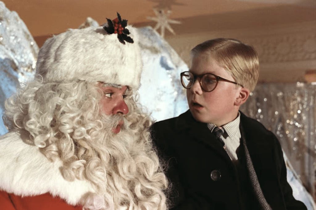 A scene of Ralphie and Santa from A Christmas Story