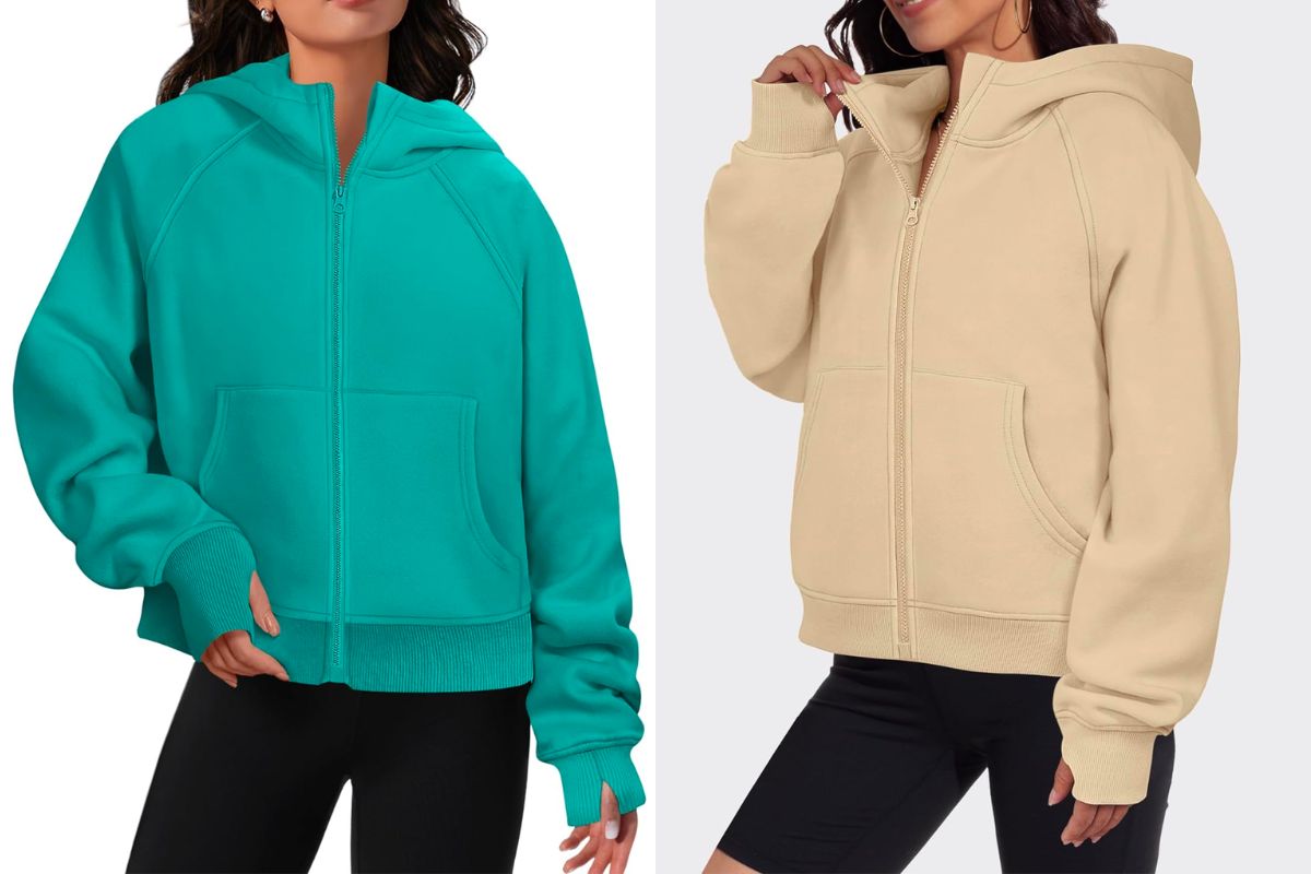 two models wearinf ATHMILE Women’s Zip Up Cropped Fleece Hoodie in teal and apricot