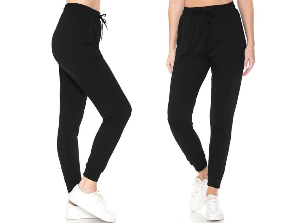 side and front view of woman wearing black sweatpants joggers