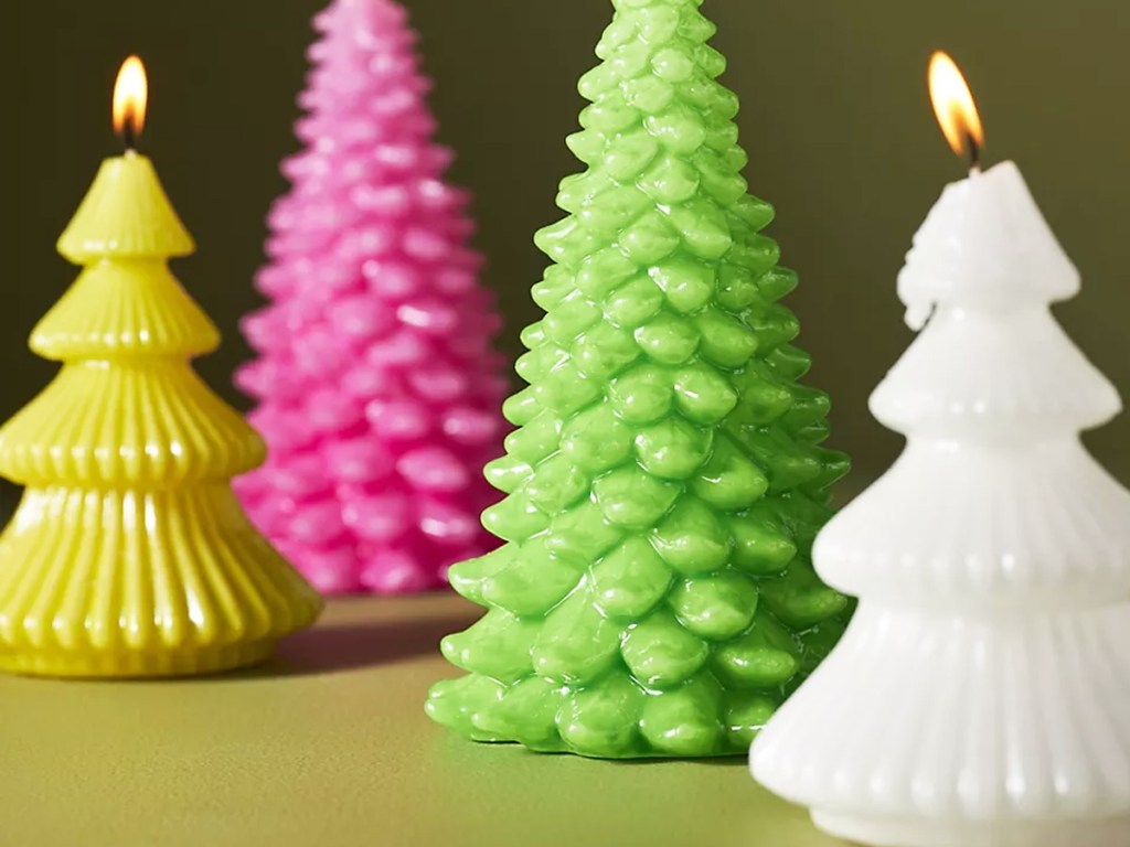 yellow, pink, green, and white tree shaped candles