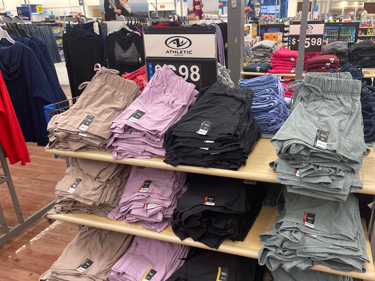 Athletic Works Women’s Gym Shorts on a table in a walmart store