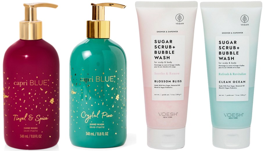 bottles of hand wash and sugar scrub