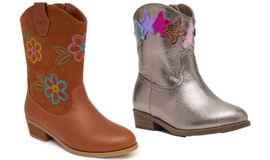 brown floral print and silver star print boots