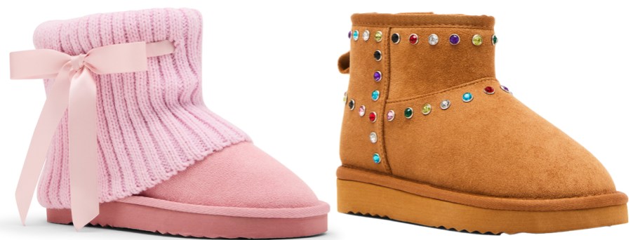 pink sweater and tan rhinestoned boots