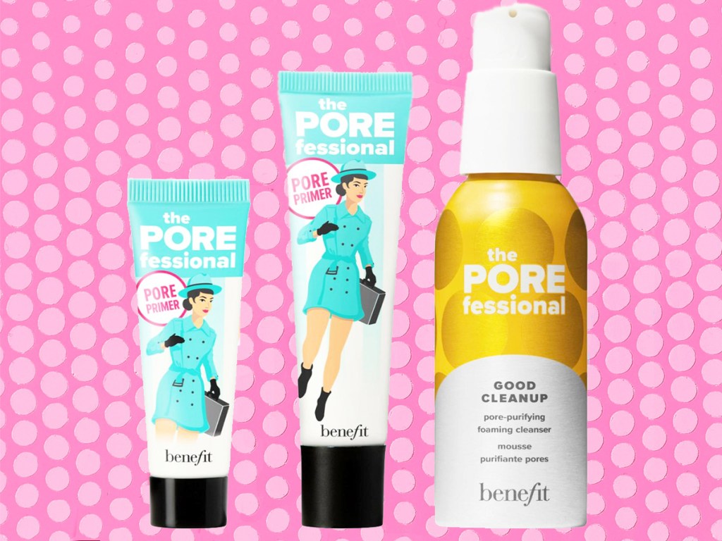 two tubes of benefit primers and bottle of cleanser