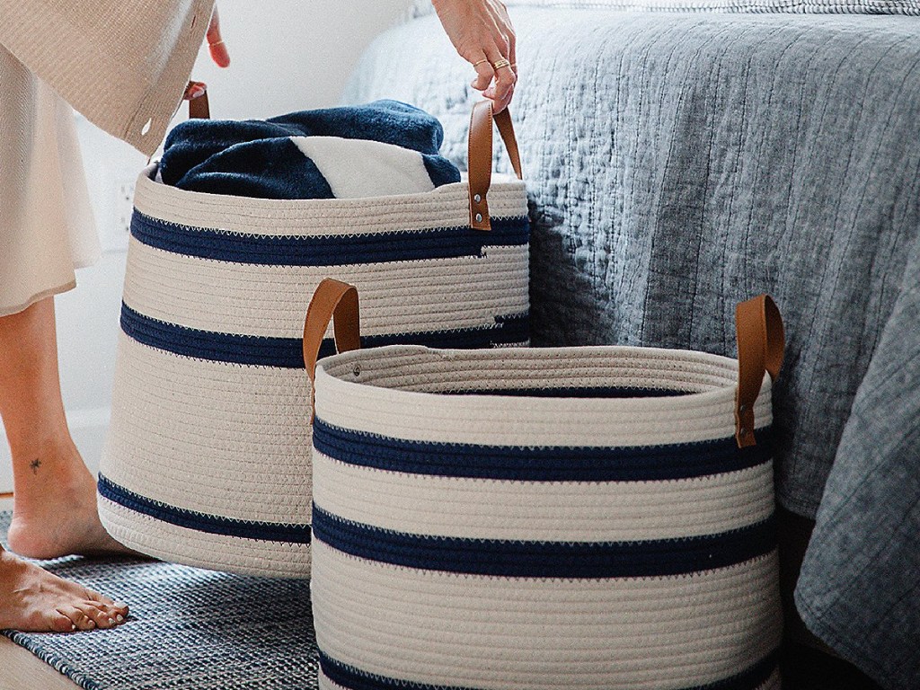 blue and white striped baskets with handles