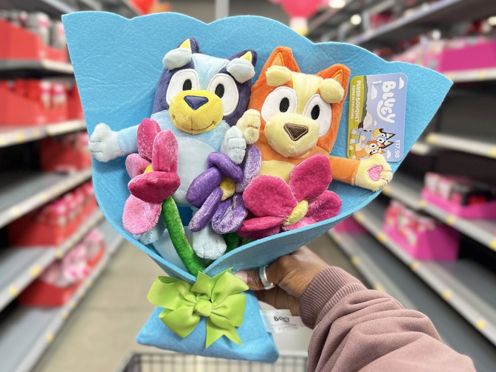 hand holding up a Bluey And Bingo Plush Valentine's Bouquet