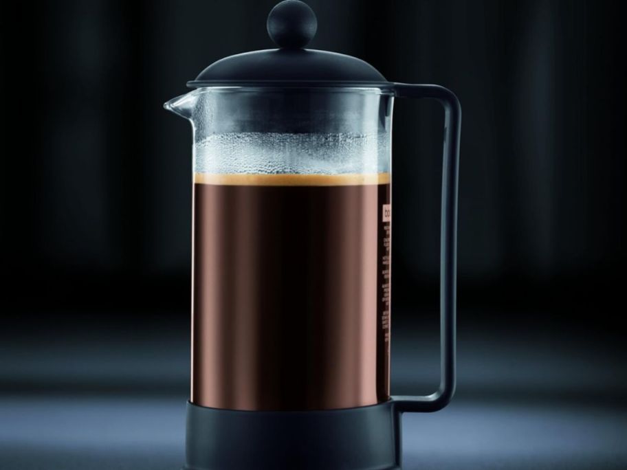 A Bodum Brazil French Press filled with coffee
