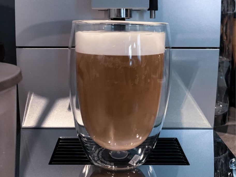 A bodum pavina glass filled with cappuccino