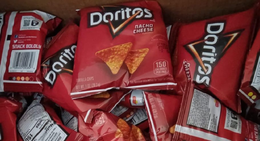 Box filled with Dorito bags inside of it