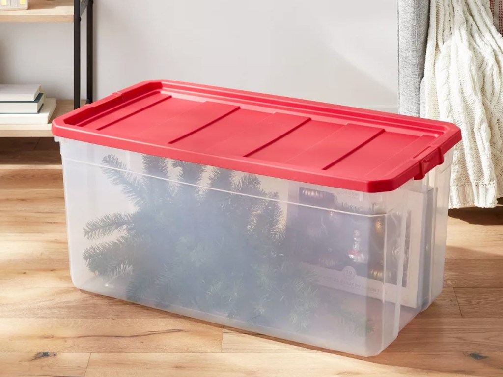 clear storage container with red lid