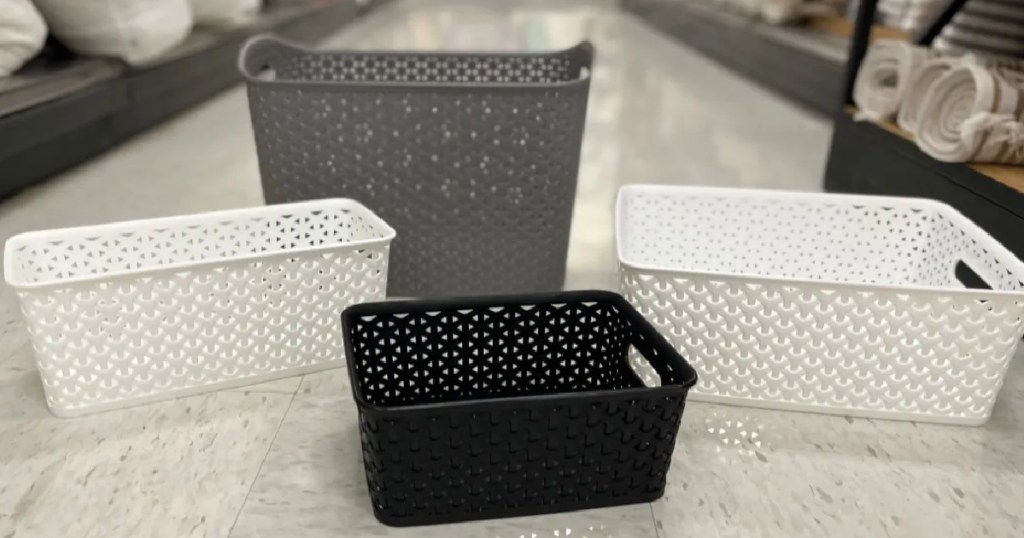white, gray and black storage baskets