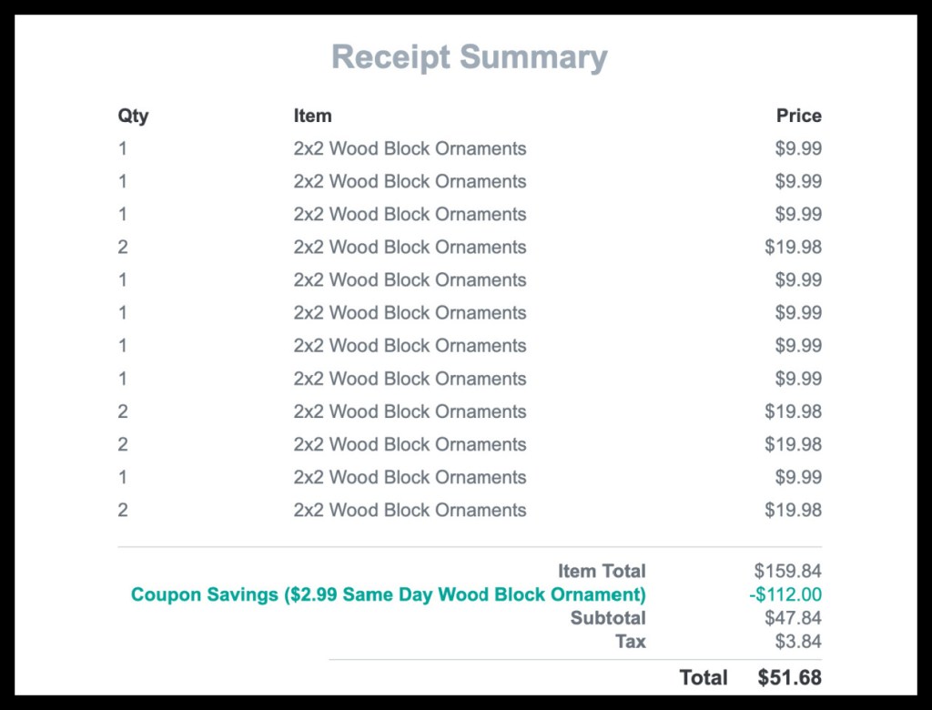 walgreens shopping cart receipt showing lots of christmas ornaments ordered