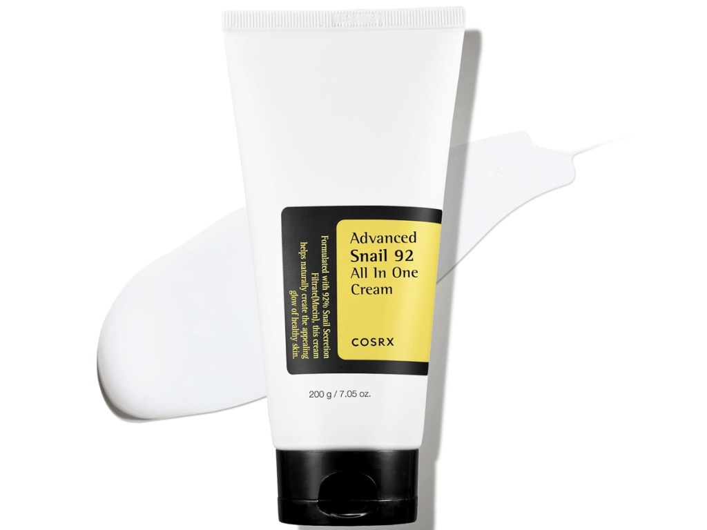 white, black, and yellow tube of COSRX Snail Mucin 92% Repair Cream