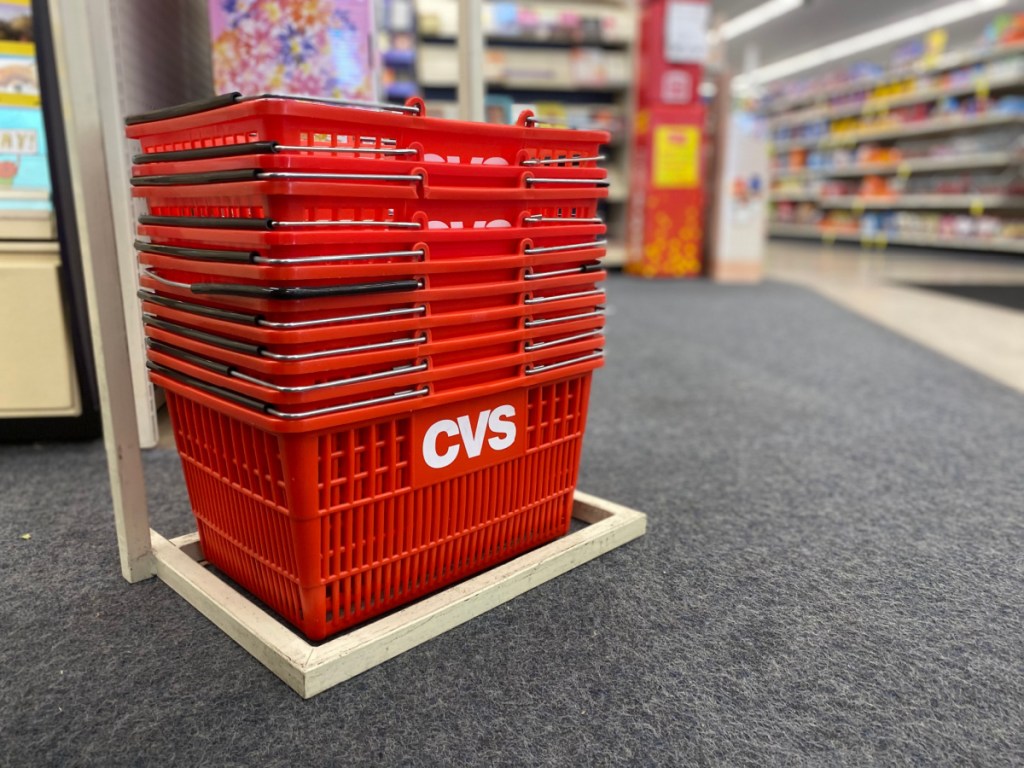 a stack of CVS baskets in-store