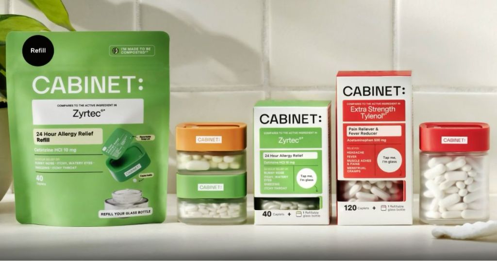 Cabinet Health Allergy and Pain Reliever on a counter
