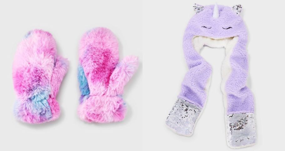 girls pink tie-dye mittens shown with a unicorn hat scarf stock image