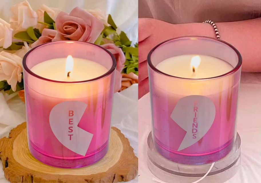 2 lit candles in pink votive holders