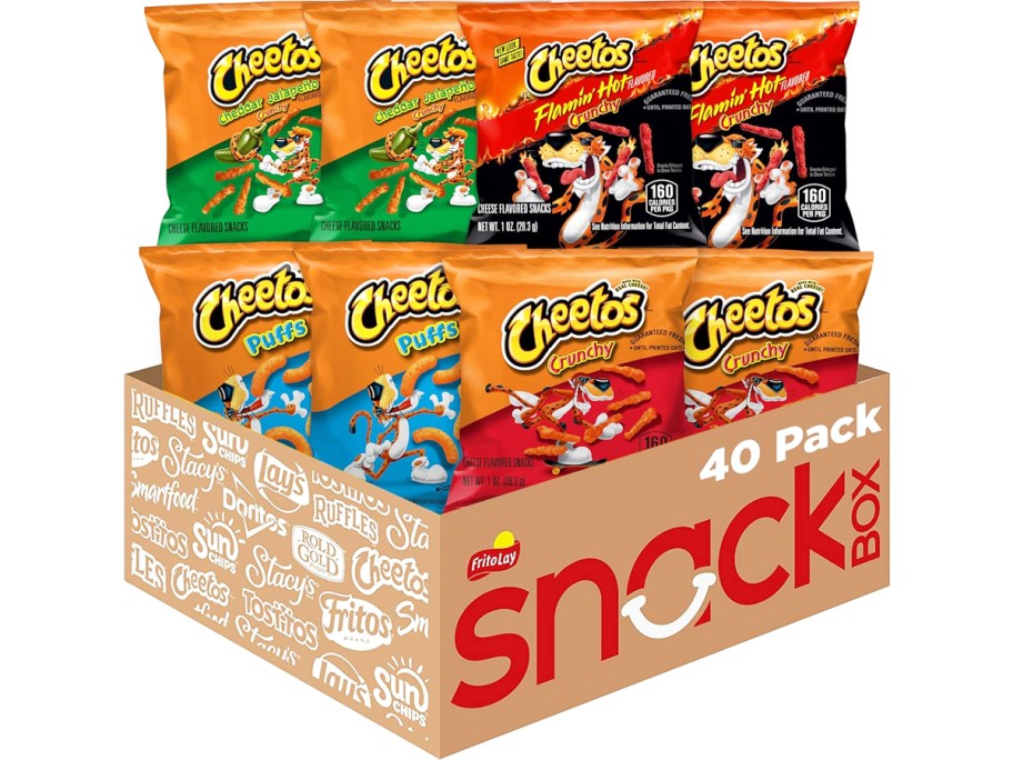 variety of mini bags of cheetos in cardboard box
