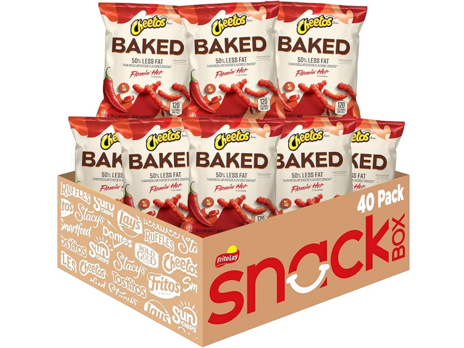 mini bags of Cheetos Baked Flamin' Hot snacks in cardboard box