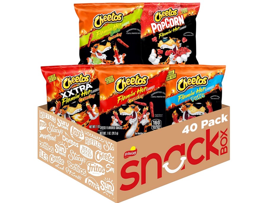 variety of cheetos flamin' hot snacks in cardboard box