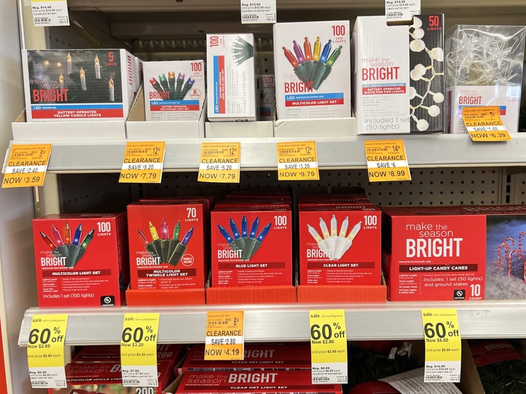 boxes of christmas lights on clearance at Walgreens