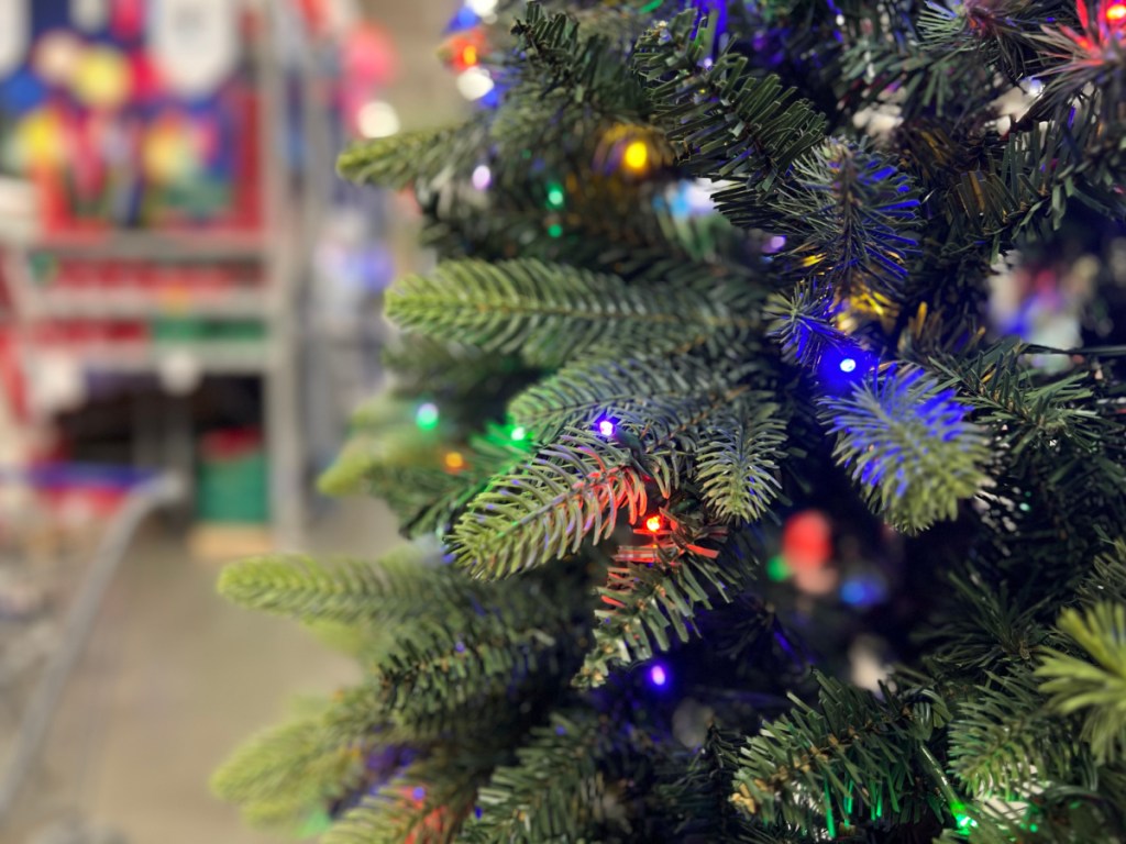 lighted Christmas tree inside Lowe's store